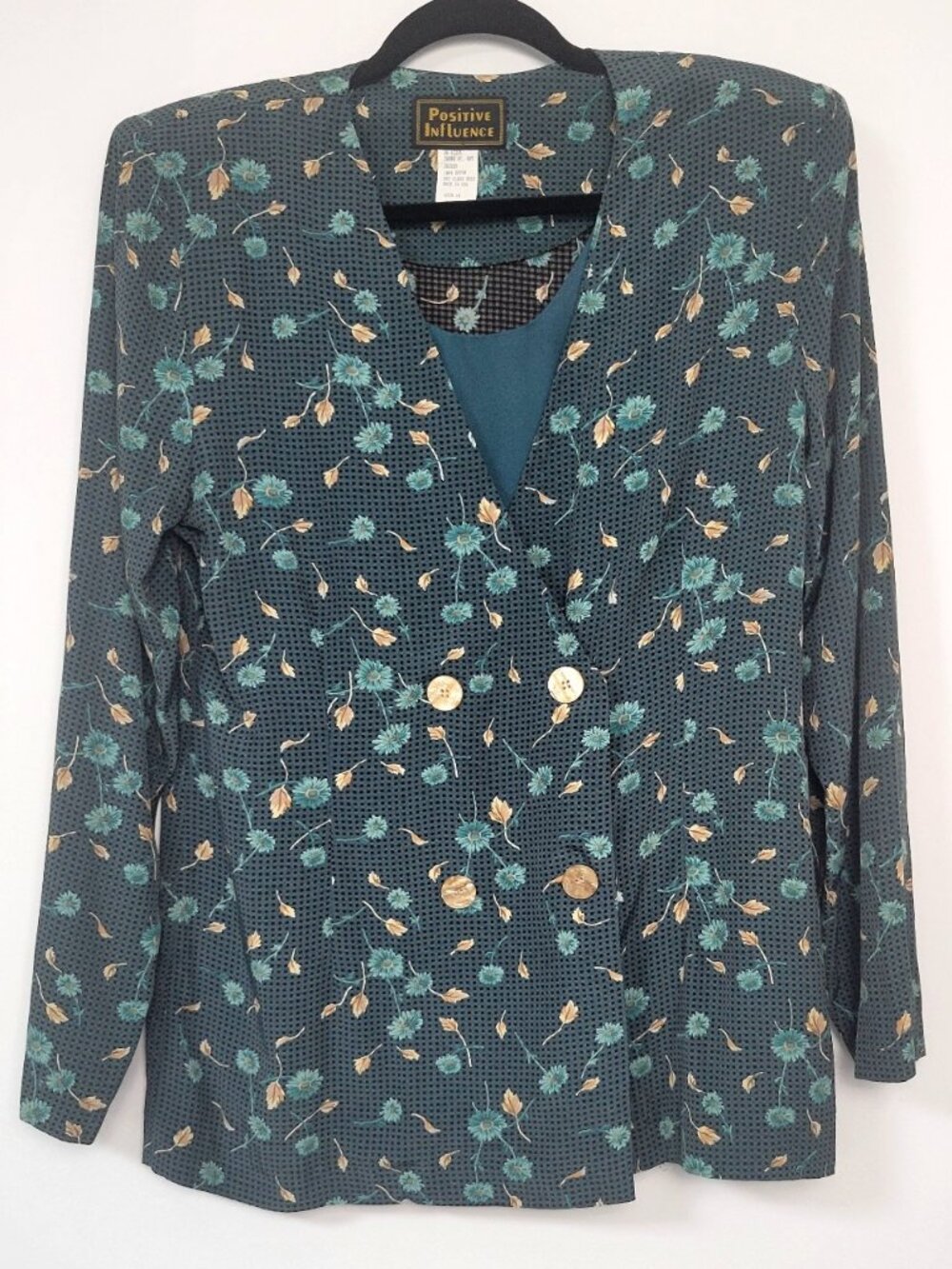 Vintage 80s Positive Influence Teal Floral Rayon Blazer Tank USA Made